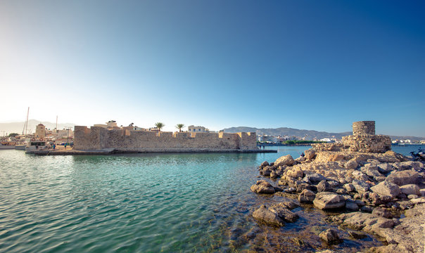 View of the Kales Venetian fortress at the entrance to the harbour, Ierapetra, Crete, Greece
