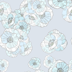 Floral seamless pattern with abstract blue poppies. Hand drawn style on light blue background. Cute background for textule, paper and decoration