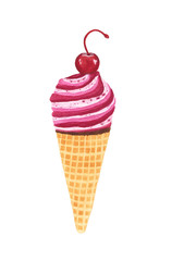 Watercolor ice cream with cherry