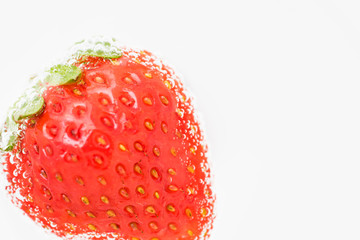 Close up strawberry in sparkling water white background