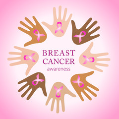 Diverse women hands joining for breast cancer awareness