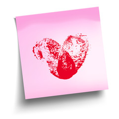 Pink sticky note with red thumbprint heart  isolated on white. Vector illustration.