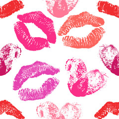 Seamless pattern of red and pink fingerprint hearts and lipstick marks. Romantic pattern for Valentines day or wedding. Vector illustration.
