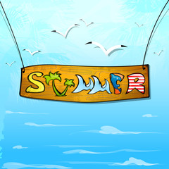 wooden board with name summer hanging with sea or ocean background vector