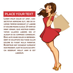 Young Lady In Red Dress Holding A Shopping Bags And Place For Your Text