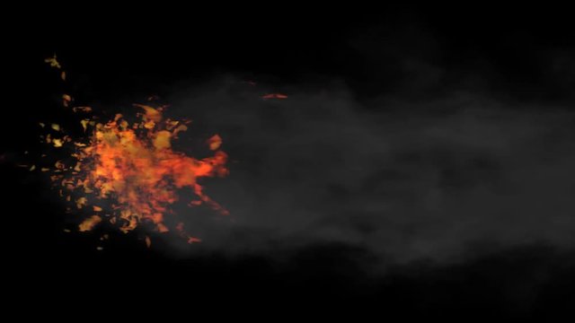 Animated exploding locomotive's t fire and smoke in 4k. Against black background. Mask included. Smoke is drifting to the right side as if train is moving with high speed. Top camera view.