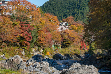 Mitake town and Tama river, beautiful small town in autumn season.