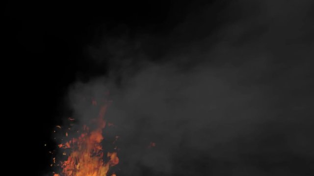 Animated exploding locomotive's t fire and smoke in 4k. Against black background. Mask included. Smoke is drifting to the right side as if train is moving with high speed. Rear side camera view.