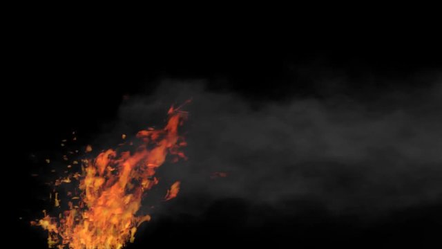 Animated exploding locomotive's t fire and smoke in 4k. Against black background. Mask included. Smoke is drifting to the right side as if train is moving with high speed. Side camera view.