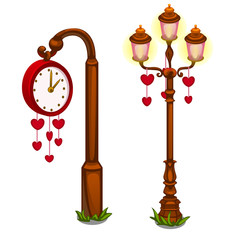 Street clock and lantern with hearts. Vector