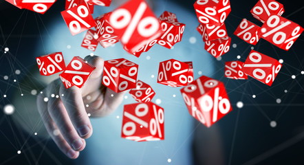 Businessman using white and red sales flying icons 3D rendering