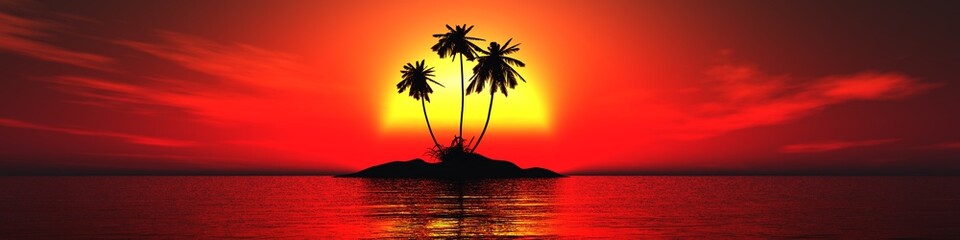Beautiful island in the ocean at sunset of the day with three palm trees, sunset at the sea, 3d rendering