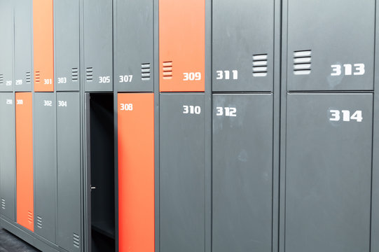 Locker-room with colorful lockers.