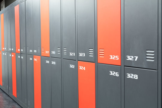 Locker-room with colorful lockers.