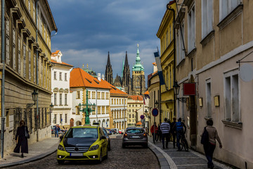 Obraz premium View to Hradcany and the church of St. Vitus from Loteranska street. Area of the Old Town. Prague, Czech Republic.