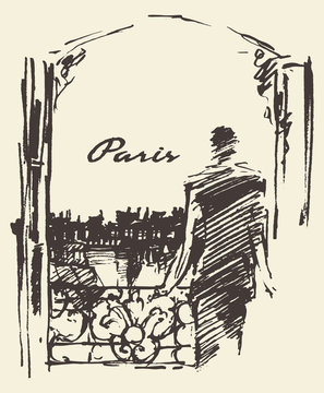 Man Paris skyline window vector sketch