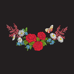 Embroidery. Bouquet with roses and daisies. Traditional European pattern. Stock line vector illustration.
