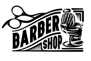 Stylish retro badge with scissors and armchair for barbershop