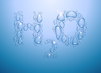 The words H2O consists of a transparent water drops of different forms on blue background. Vector illustration