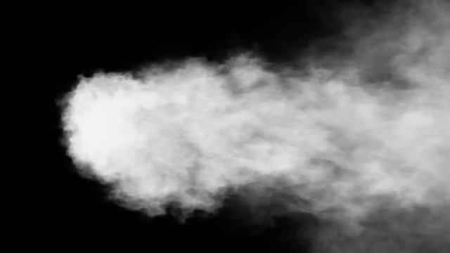 Animated locomotive's thick steam against black background in 4k. Mask included. Smoke is drifting to the right side as if train is moving with high speed. Top camera view.