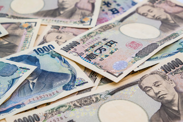 Banknotes of Japanese currency yen background