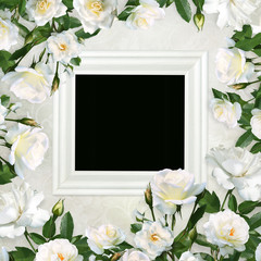 Frame for photo surrounded by white roses on a beautiful vintage background