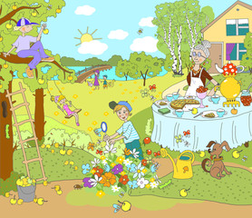 Illustration for children. Summer picture, pastime, outside the city, in the country, in nature. Grandmother at the table pours tea, the boy explores insects, sits on a tree, the girl swings.