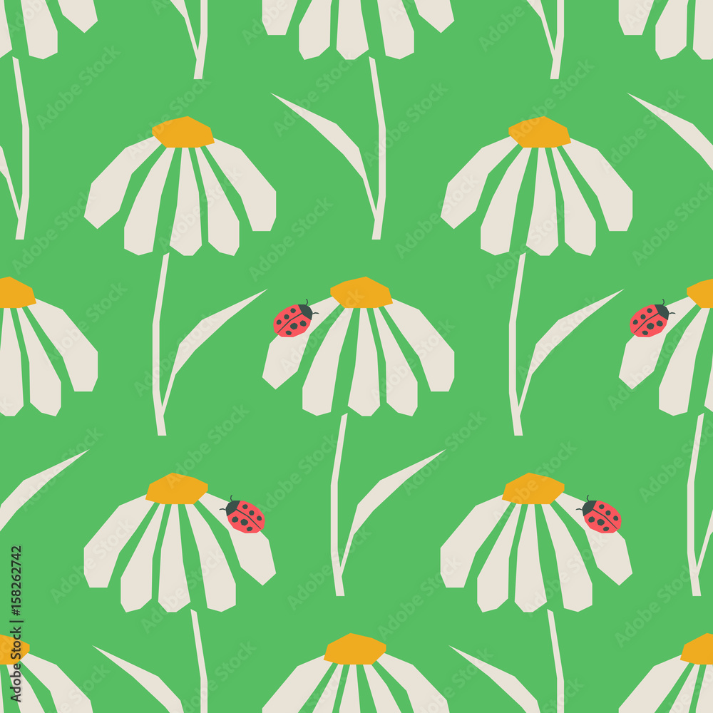 Poster seamless pattern with flowers and ladybugs
