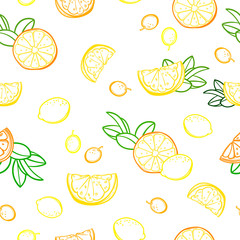 Vector seamless pattern with lemons, limes, oranges, kumquat and grapefruit. Citrus fruit mix. Can be use for fabric print, postcards or drink company.