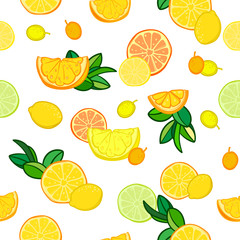 Vector seamless pattern with lemons, limes, oranges, kumquat and grapefruit. Citrus fruit mix. Can be use for fabric print, postcards or drink company.