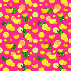 Vector seamless pattern with lemons, limes, oranges, kumquat and grapefruit. Citrus fruit mix. Can be use for fabric print, postcards or drink company.