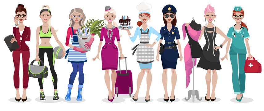 Set of different professions: doctor, fashion designer, florist, police officer, chef, stewardess, fitness trainer, secretary. Vector illustration isolated on white background.