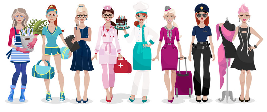 Set of different professions: doctor, fashion designer, florist, police officer, chef, stewardess, fitness trainer, secretary. Vector illustration isolated on white background.