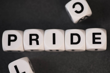 word pride on toy cubes