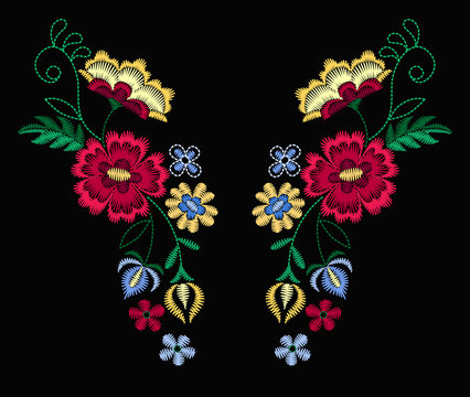 Vector design for collar t-shirts and blouses. Colorful ethnic flowers neck line. Embroidery for Fashion. Vector illustration.