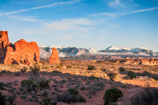 View of snow covered peaks of La Sal Mountain from Arches National Park, Utah.