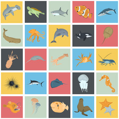 Set of sea animals color flat icons for web and mobile design