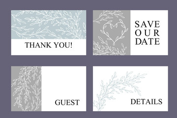 Greeting Card Set made of Hand Drawn branches. Monochrome Botanical Vintage Vector Illustration. Vector wedding invitation template