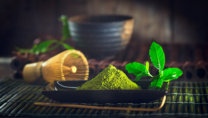 Matcha tea powder. Organic green matcha tea ceremony - obrazy, fototapety, plakaty