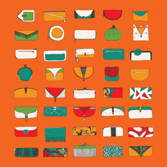 Vector set with bright purses and clutches on orange background. Hand drawn collection with accessories of different sizes and shapes, in various styles. Fashion objects set good for accessories shop