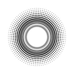 Circle with dots for Design Project. Halftone effect vector illustration. Gray dots on white background. Black and white Sunburst background. Round frame design template.