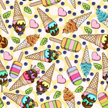 Seamless doodle pattern with  ice cream in a waffle horn with orange, chocolate, mint, sweeet heart. Hand drawn illustration 