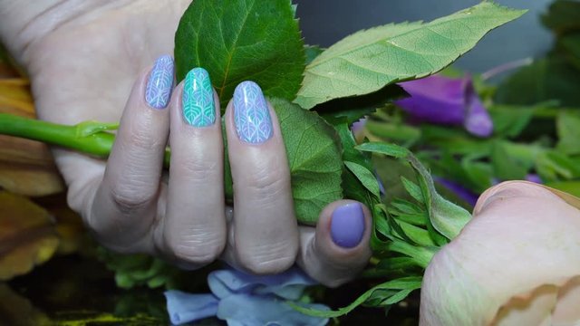 Beautiful Female Hands. Beautiful hand with perfect nail and flowers. Nail Art Manicure.
