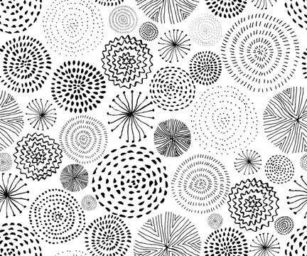 Vector seamless pattern with ink circle textures. Abstract seamless background with fireworks.