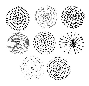 Vector ink circle textures. Abstract fireworks. Collection of hand drawn monochrome textures.