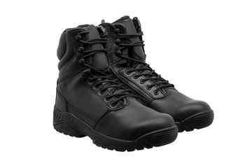 Black military leather boot isolated on white