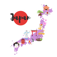 Japan map with Japanese national cultural symbols. Isolated on white background.