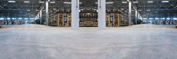 Typical storage, warehouse interior. Modern industry and logistic business concept. Selective focus. Wide panoramic collage image.