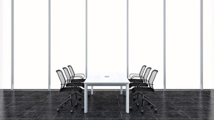 Fototapeta na wymiar Modern conference room with big windows. Dark stone floor. 3D rendering.