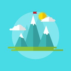 Leadership concept illustration landscape with red flag on the mountain peak. Abstract flat  icon. Brochure title page template.